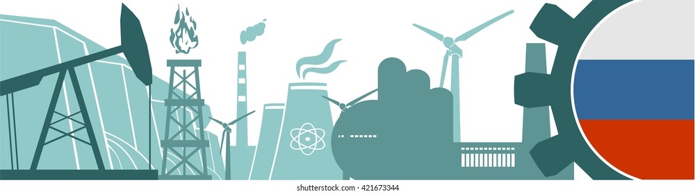 Energy and Power icons set. Header banner with Russia flag. Sustainable energy generation and heavy industry. Vector illustration