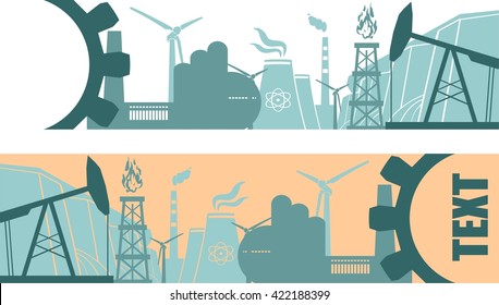 Energy and Power icons set. Header banner with text field. Sustainable energy generation and heavy industry. Vector illustration