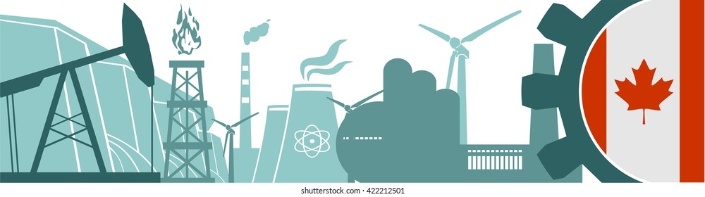 Energy and Power icons set. Header banner with Canada flag. Sustainable energy generation and heavy industry. Vector illustration