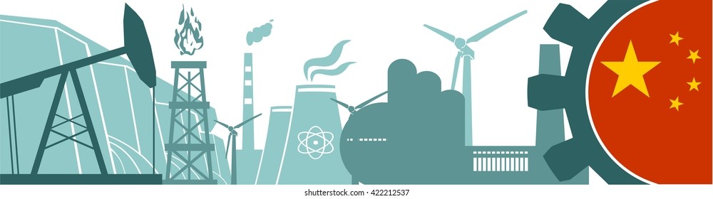 Energy and Power icons set. Header banner with China flag. Sustainable energy generation and heavy industry. Vector illustration