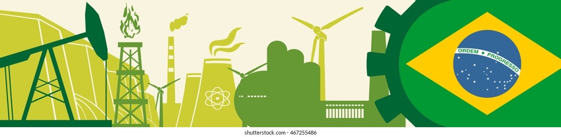 Energy and Power icons set. Header banner with Brazil flag. Sustainable energy generation and heavy industry. Vector illustration