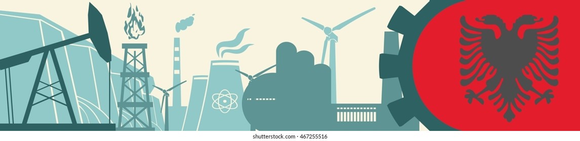 Energy and Power icons set. Header banner with Albania flag. Sustainable energy generation and heavy industry. Vector illustration