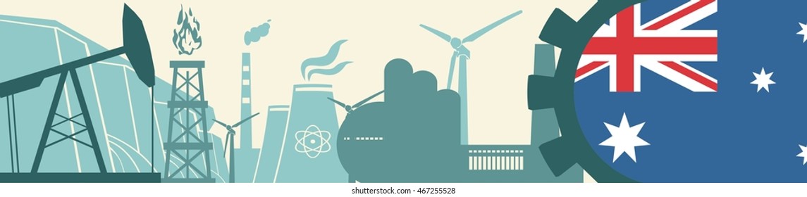 Energy and Power icons set. Header banner with Australia flag. Sustainable energy generation and heavy industry. Vector illustration