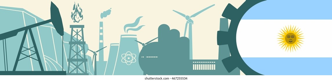 Energy and Power icons set. Header banner with Argentina flag. Sustainable energy generation and heavy industry. Vector illustration