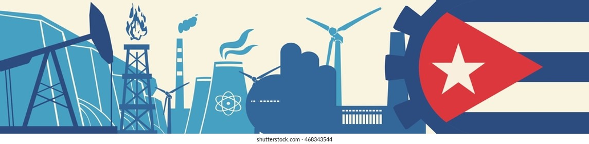 Energy and Power icons set. Header banner with Cuba flag. Sustainable energy generation and heavy industry. Vector illustration