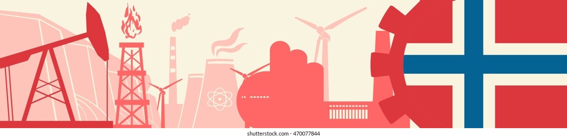 Energy and Power icons set. Header banner with Norway flag. Sustainable energy generation and heavy industry. Vector illustration