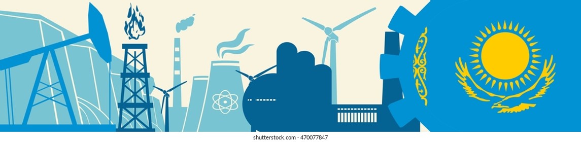 Energy and Power icons set. Header banner with Kazakhstan flag. Sustainable energy generation and heavy industry. Vector illustration