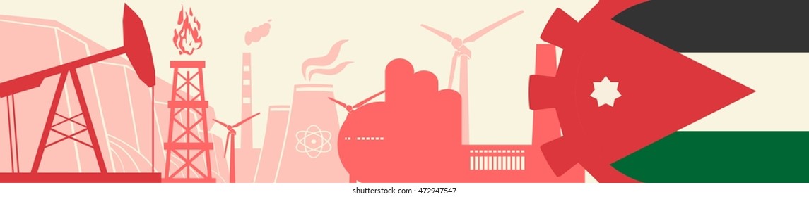 Energy and Power icons set. Header banner with Jordan flag. Sustainable energy generation and heavy industry. Vector illustration