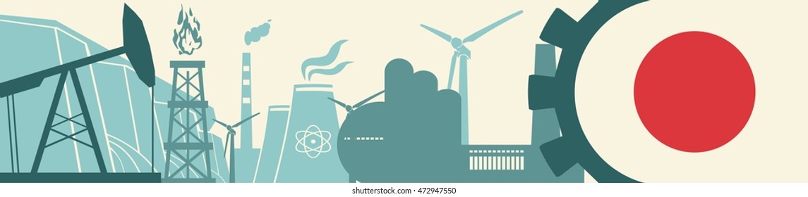 Energy and Power icons set. Header banner with Japan flag. Sustainable energy generation and heavy industry. Vector illustration