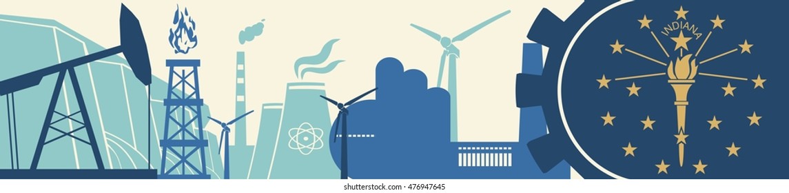 Energy and Power icons set. Header banner with Indiana flag. Sustainable energy generation and heavy industry. Vector illustration