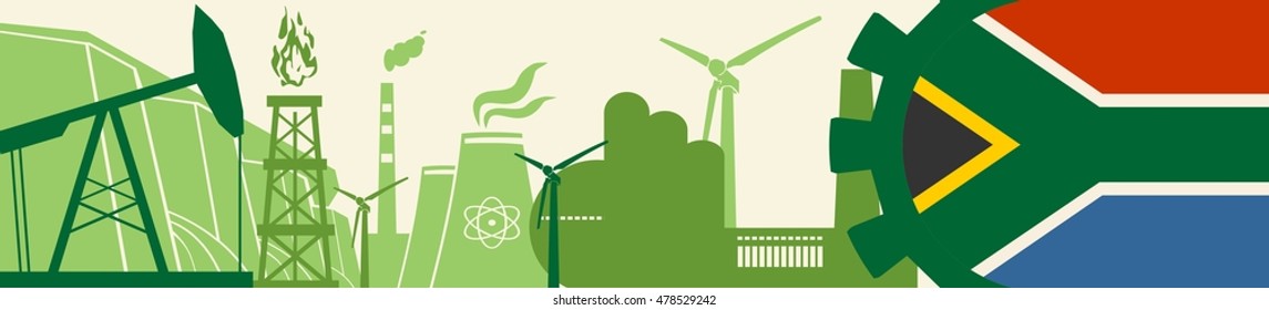 Energy and Power icons set. Header banner with South Africa flag. Sustainable energy generation and heavy industry. Vector illustration