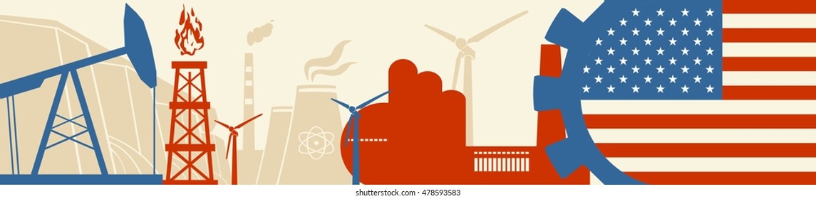 Energy and Power icons set. Header banner with United States flag. Sustainable energy generation and heavy industry. Vector illustration