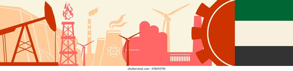 Energy and Power icons set. Header banner with Arab Emirates flag. Sustainable energy generation and heavy industry. Vector illustration