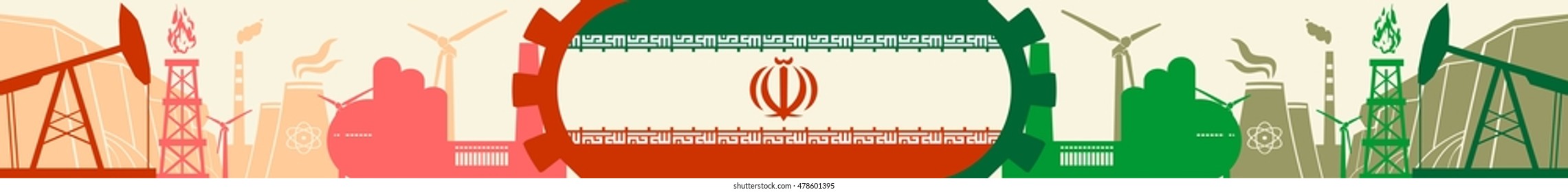 Energy and Power icons set. Header banner with Iran flag. Sustainable energy generation and heavy industry. Vector illustration
