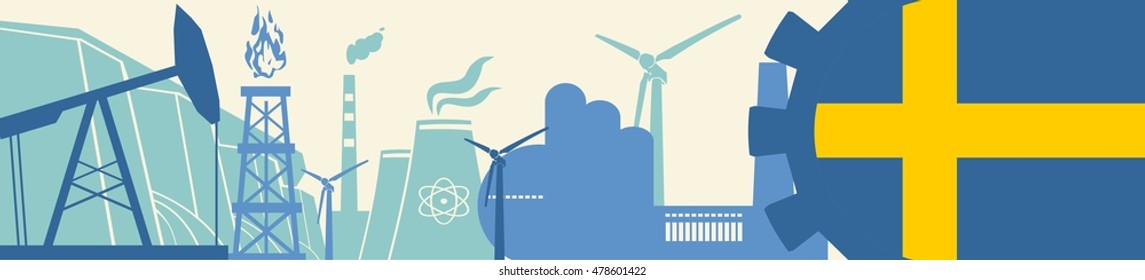 Energy and Power icons set. Header banner with Sweden flag. Sustainable energy generation and heavy industry. Vector illustration