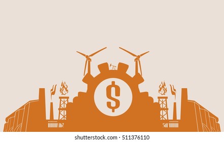 Energy and Power icons set. Header or footer banner. Sustainable energy generation and heavy industry. Vector illustration. Dollar symbol