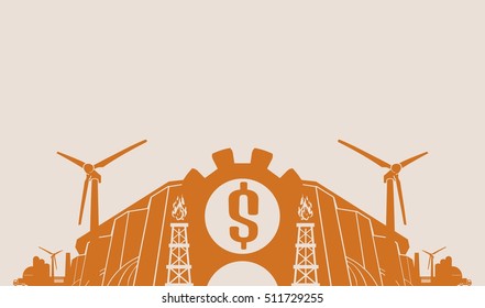 Energy and Power icons set. Header or footer banner. Sustainable energy generation and heavy industry. Vector illustration. Dollar symbol