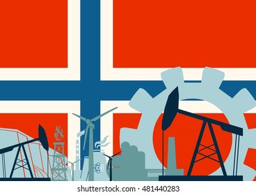 Energy and Power icons set with Norway flag. Sustainable energy generation and heavy industry. Vector illustration