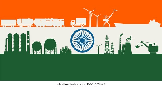Energy and power icons set on India flag backdrop. Header or footer banner. Sustainable energy generation, transportation and heavy industry.