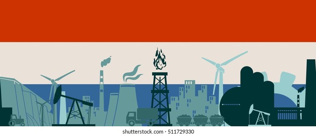 Energy and Power icons set on Netherlands flag backdrop. Header or footer banner. Sustainable energy generation and heavy industry. Vector illustration. Seamless background