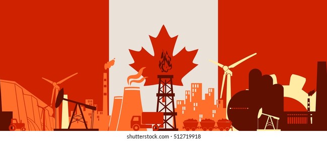 Energy and Power icons set on Canada flag backdrop. Header or footer banner. Sustainable energy generation and heavy industry. Vector illustration. Seamless background