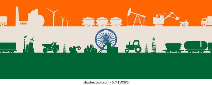 Energy and Power icons set on India flag backdrop. Header or footer banner. Sustainable energy generation and heavy industry. Vector illustration. Seamless background