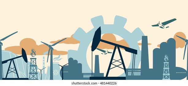 Energy and Power icons set . Sustainable energy generation and heavy industry. Vector illustration