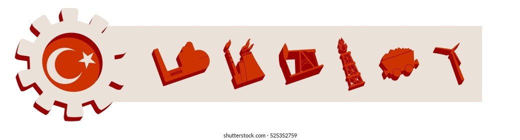 Energy and Power icons set with Turkey flag. Sustainable energy generation and heavy industry. 3D silhouettes