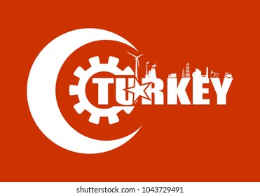 Energy and Power icons. Sustainable energy generation and heavy industry. Turkey coutry name that build in gear. National flag elements