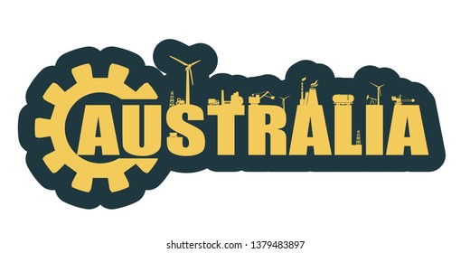 Energy and Power icons. Sustainable energy generation and heavy industry. Australia word decorated by gear