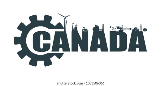 Energy and Power icons. Sustainable energy generation and heavy industry. Canada word decorated by gear