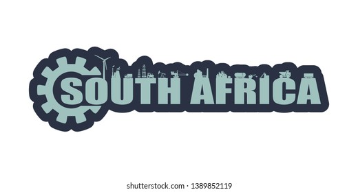 Energy and Power icons. Sustainable energy generation and heavy industry. South Africa word decorated by gear