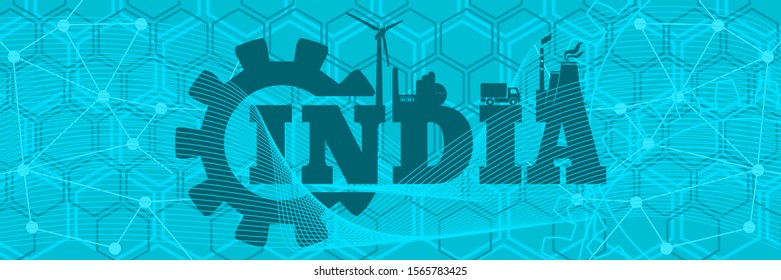 Energy and power icons. Sustainable energy generation and heavy industry. India word decorated by gear. Horizontal industrial web banner