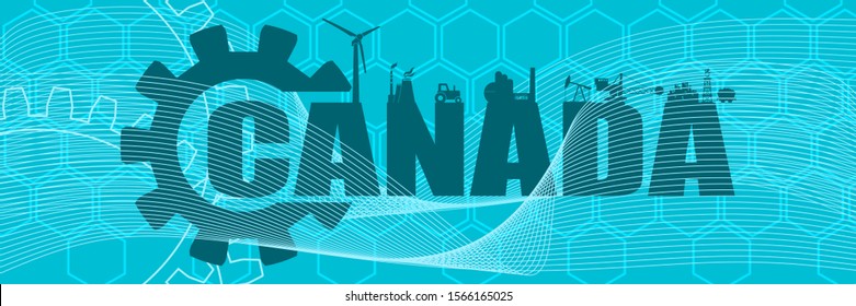 Energy and Power icons. Sustainable energy generation and heavy industry. Canada word decorated by gear. Horizontal industrial web banner