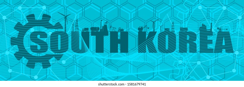 Energy and power icons. Sustainable energy generation and heavy industry. South Korea word decorated by gear. Horizontal industrial web banner