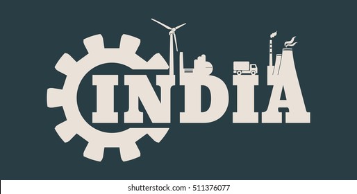 Energy And Power Icons. Sustainable Energy Generation And Heavy Industry. Vector Illustration. India Word Build In Gear