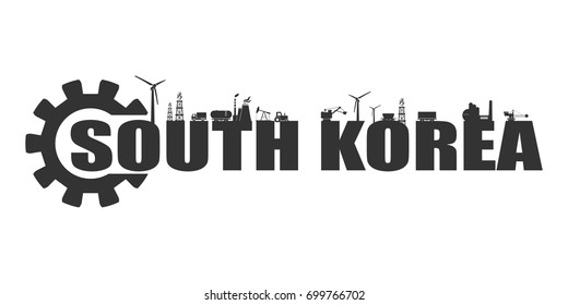 Energy and Power icons. Sustainable energy generation and heavy industry. Vector illustration. South Korea word decorated by gear