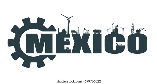 Energy and Power icons. Sustainable energy generation and heavy industry. Vector illustration. Mexico word decorated by gear