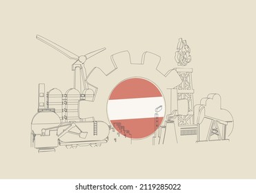 Energy and power industrial concept. Industrial icons and gear with flag of Austria.