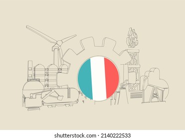 Energy and power industrial concept. Industrial icons and gear with flag of France.