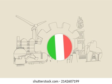 Energy and power industrial concept. Industrial icons and gear with flag of Italy.