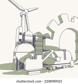 Energy and power industrial concept. Industrial icons and gear.