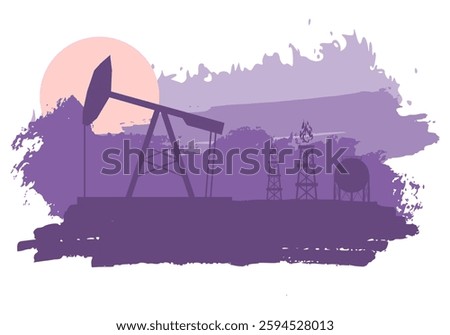 Energy and power industrial concept. Oil derrick and gas storage tank against brush painted sunset landscape.