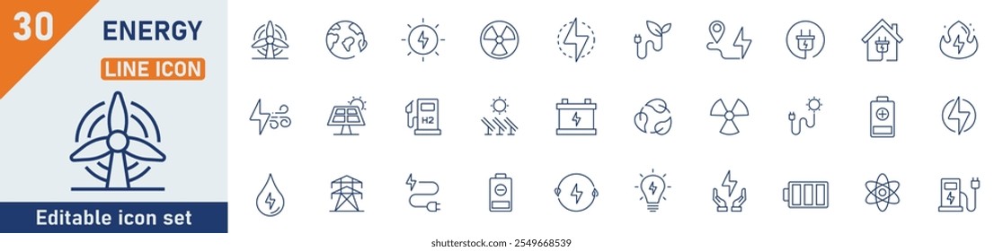 Energy and Power line icon set. Set of 30 outline icons related to energy, power, green energy, solar electrical and others. Editable stroke. Vector illustration.