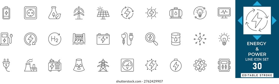 Energy and power line icon set featuring electricity, renewable, solar, fuel, turbine, battery, generator, and industrial. Professional editable vector illustration.