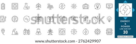 Energy and power line icon set featuring electricity, renewable, solar, fuel, turbine, battery, generator, and industrial. Professional editable vector illustration.
