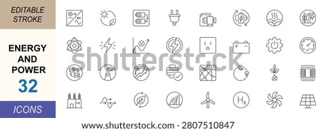 Energy and power line icon set. Featuring electricity, battery, solar, turbine, renewable, grid and charging symbols for web, apps, UI and print projects. Editable stroke.