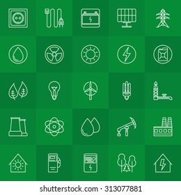 Energy and power linear icons - vector collection of thin line symbols or logo elements