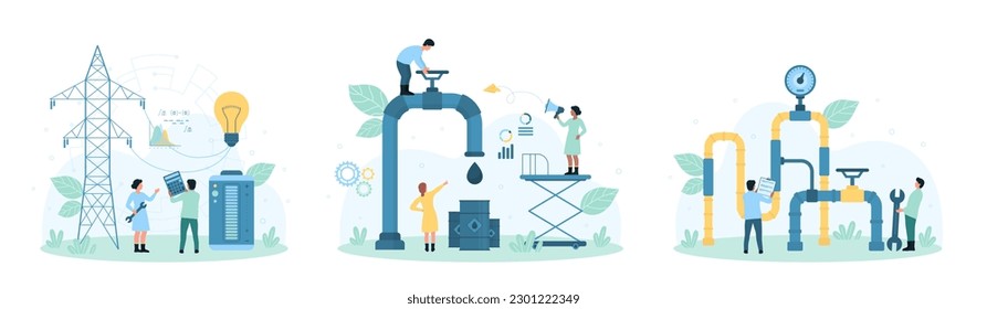 Energy and power production vector illustration. Cartoon tiny people check and control gas and oil pipeline, open valve on pipe, workers connect light bulb, battery with high voltage power line