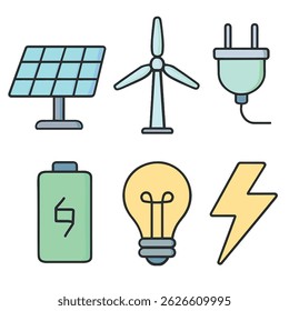 Energy and Power Source Icon Set – Flat Vector of Solar Panel, Wind Turbine, Battery, Plug, Light Bulb, and Lightning Bolt